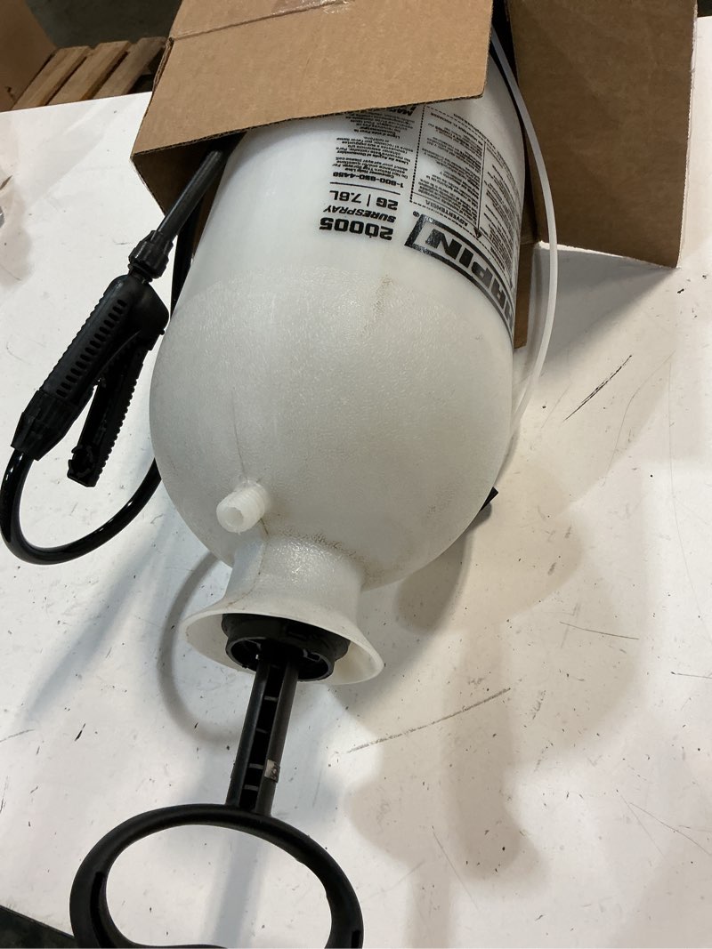Condition photo showing As Is for chapin 20005 pump sprayer, 2?gallon, lawn & garden, translucent poly tank, funnel?top, surespray, adjustable cone nozzle & 34" hose for fertilizer, weed & pest application 2-gallon