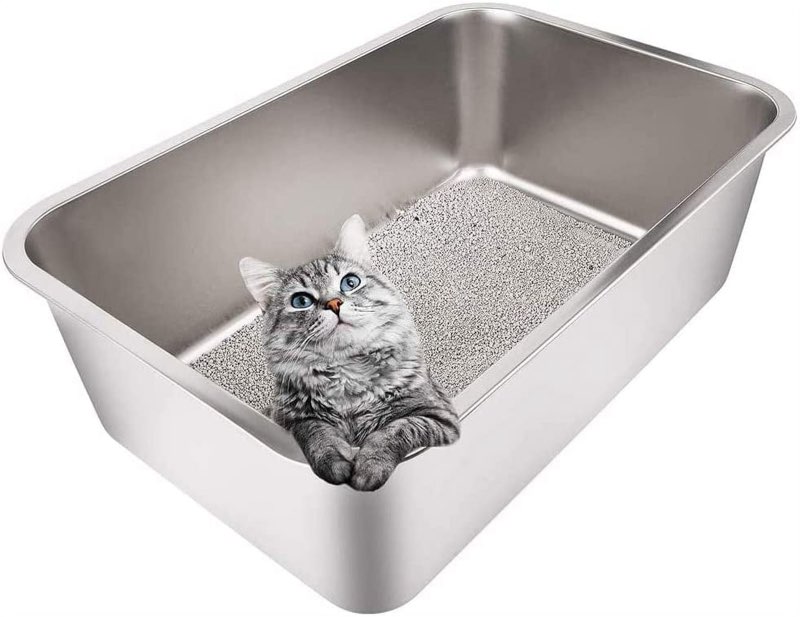 Yangbaga Stainless Steel Litter Box for Cat and Rabbit, Large Size with 8in High Sides and Non Slip 