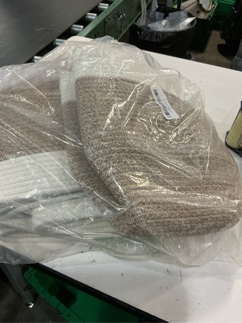 Condition photo showing Good Condition for 4 pack storage baskets for organizing, woven baskets for shelves - perfect for toys, books, towels, and clothes, durable gift basket bins toy storage, 12.7''lx9''wx7.8''h, brown & white brown & white small/12.7''lx9''wx7.8''h