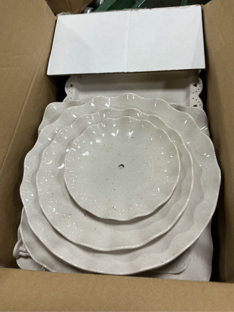 Condition photo showing As Is for wdf 200pcs ivory plastic plates with gold rim - cream plastic plates - include 100 dinner & 100 dessert fancy disposable plate for party - heavy duty plate for wedding/baby shower/spring/mother's day ivory 200