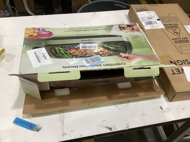 Condition photo showing Good Condition for Chefman Smokeless Indoor Electric Grill, Extra Large Grilling Surface, Nonstick Table Top Grill for Indoor Grilling and BBQ with Adjustable Temperature Control, Drip Tray, Dishwasher-Safe Parts