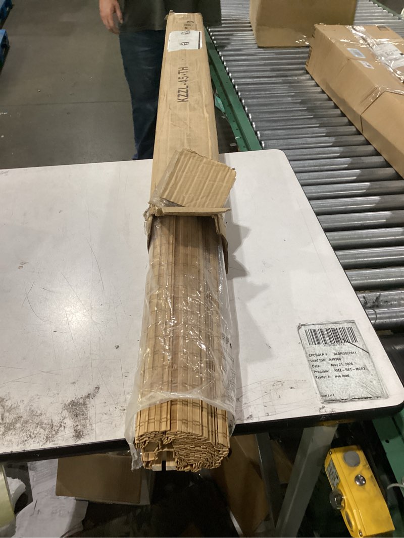 Condition photo showing New/Like New for seeye cordless bamboo roman shades, blackout natural bamboo blinds for indoor windows, roll up blind privacy shade for home, office, door, uv resistant & easy to install, 45" w x 64" h, carbonized privacy - carbonized 45"w x 64"h