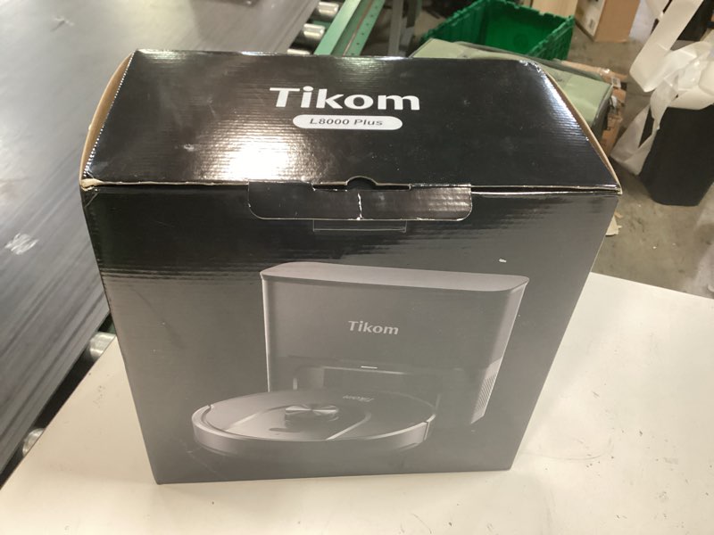 Condition photo showing New/Like New for tikom robot vacuum and mop, 6000pa robotic vacuum cleaner with self-emptying base, 90 days capacity, lidar navigation, home mapping, ideal for pet hair, hard floors, carpet (l8000 plus)