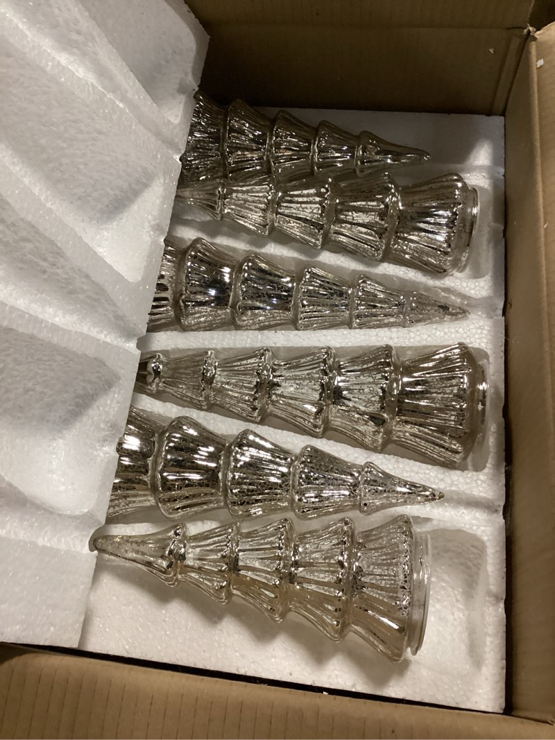 Condition photo showing Good Condition for Riakrum 6 Pack Glass Christmas Tree Glass Tabletop Light up Christmas Tree for Xmas Living Room Home Decor Fireplace Mantel Tabletop Party Decor(Silver,Stylish) Silver Stylish