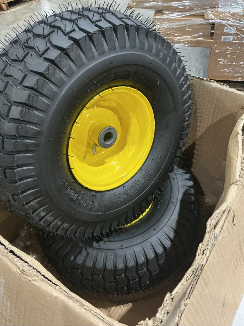 Condition photo showing Good Condition for ar-pro exact replacement 15" x 6.00-6" front tire and wheel assemblies compatible with john deere riding mowers 100 and d100 series - 3" centered hub and 3/4" bushings, 4ply pneumatic (set of 2)