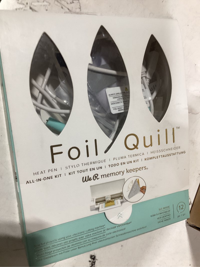 Condition photo showing As Is for we r memory keepers, foil quill starter kit, includes 3 pens, 4 adaptors, 3 foil rolls, 1 washi tape roll, 1 protective plate, compatible with most die cutting machines, create foil transfer projects multicoloured