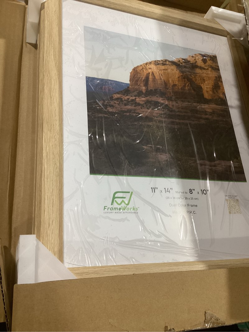 Condition photo showing Good Condition for frameworks 2-pack, 11x14 matted to 8x10 picture frame, natural oak – classic wooden photo frame with tempered glass, modern matte finish for prints, posters, certificates & wall decor – gallery-ready natural oak 11"x14"