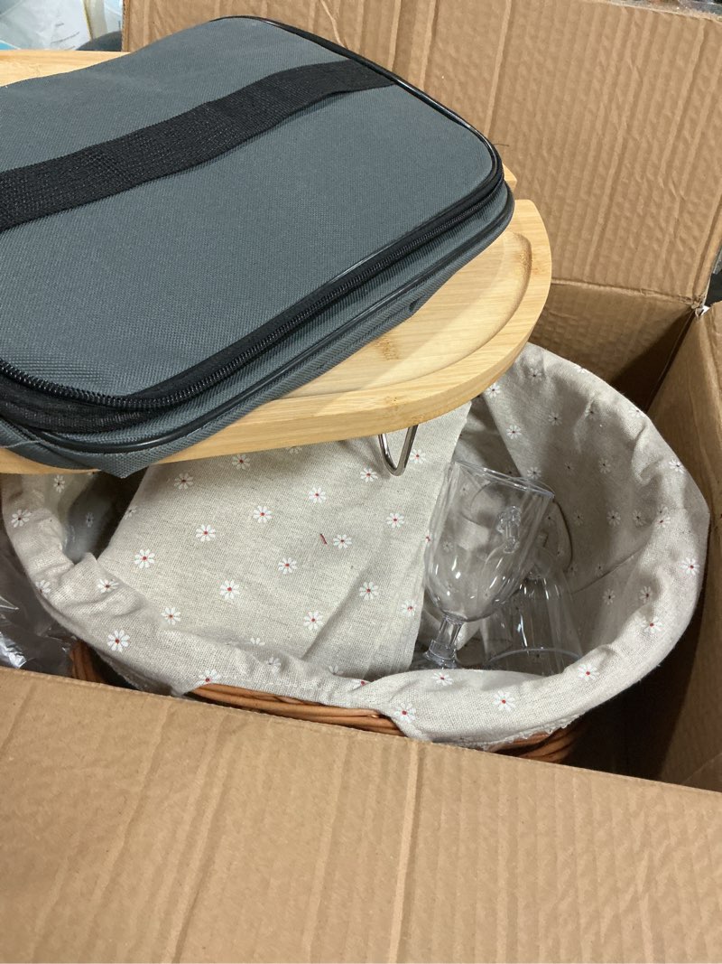Condition photo showing Good Condition for Picnic Basket for 2 with Table and Blanket, Collapsible Cooler Bag Insulated, Picnic Set for Beach Picnic Hamper Picnic Date Essentials for Outdoor Picnic Accessories Bridal Shower Gift Grey Lining