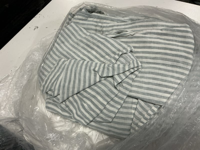 Condition photo showing As Is for european linen stripe sheet set, queen, mist/white stripe
