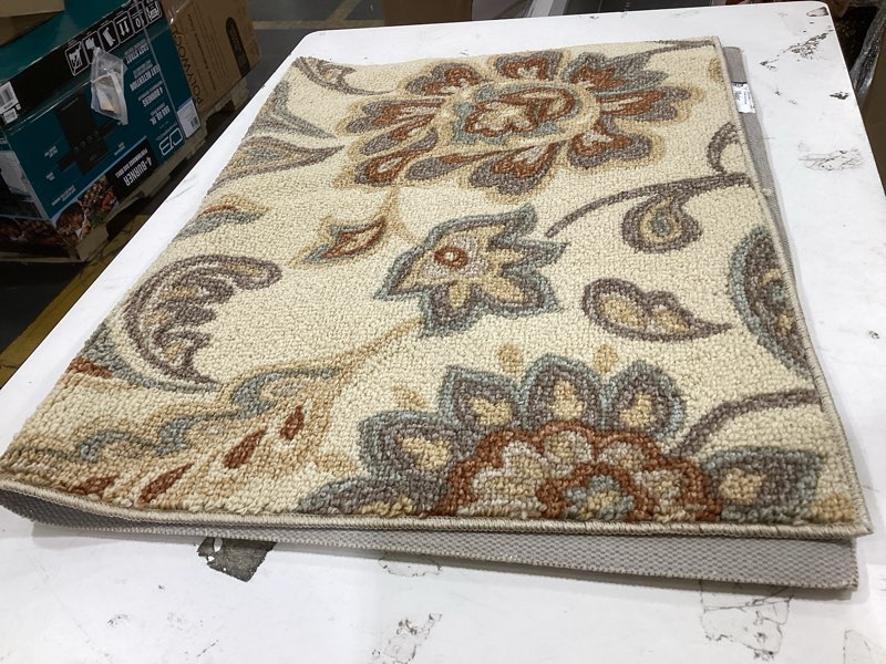 Condition photo showing As Is for maples 2'6"x3'10" washable paisley floral accent rug tan