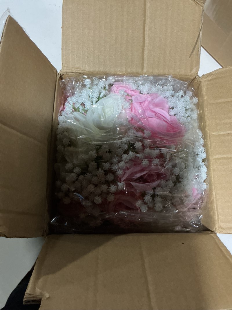 Condition photo showing Good Condition for BLOSMON Fake Flowers Ball Centerpieces: 2 Pcs Pink Rose Babys Breath Artificial Flowers Wedding Decoration for Table Silk Kissing Floral Bouquet Arrangements for Home Party DIY Decor Pink & White 2