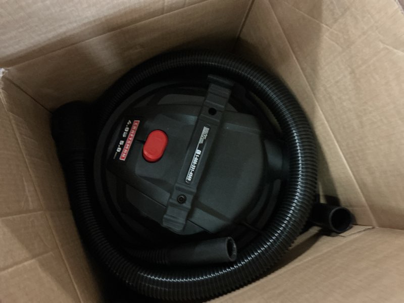 Condition photo showing As Is for craftsman 5-gallon 4-hp corded wet/dry shop vacuum with accessories included