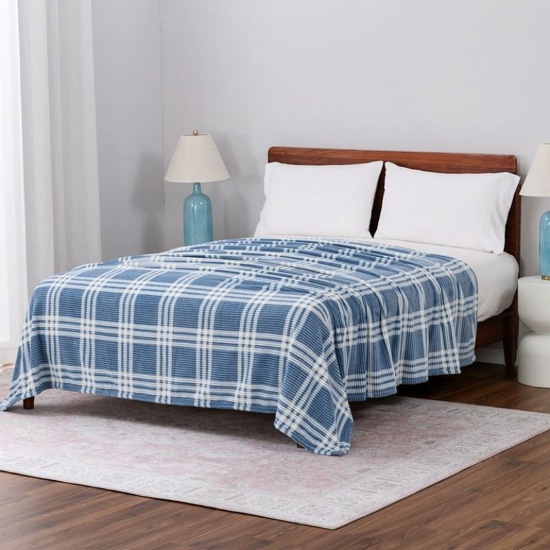 mainstays printed textured velvet plush super soft bed blanket, king size, blue corduroy plaid