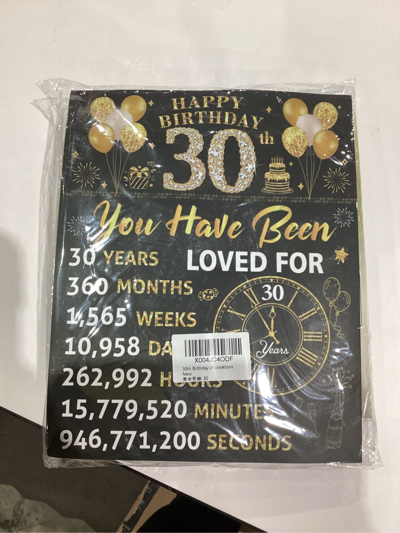 Condition photo showing New/Like New for 30th Birthday Decorations for Men Women, Black Gold Vintage 1995 Birthday Backdrop, 30th Banner Decorations, Guest Book, Balloons, Honeycomb Centerpiece, Hanging Swirl, Paper Poms, Sash Decor (22pcs) Black Gold 30th