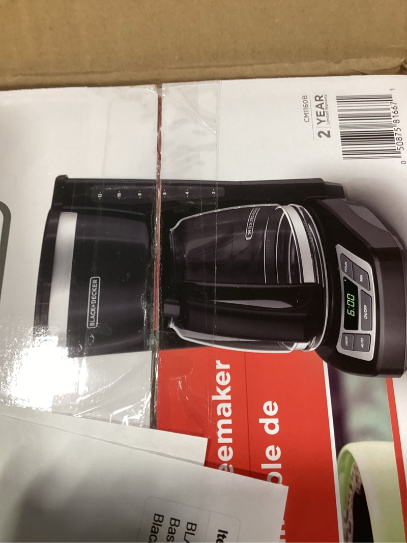 Condition photo showing New/Like New for black+decker 12-cup digital coffee maker, programmable, washable basket filter, sneak-a-cup, auto brew, water window, keep hot plate, black