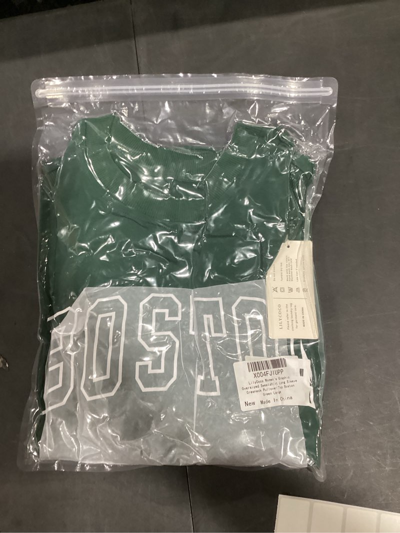 Condition photo showing New/Like New for LilyCoco Women's Graphic Oversized Sweatshirt Long Sleeve Crewneck Pullover Top Boston Green Large