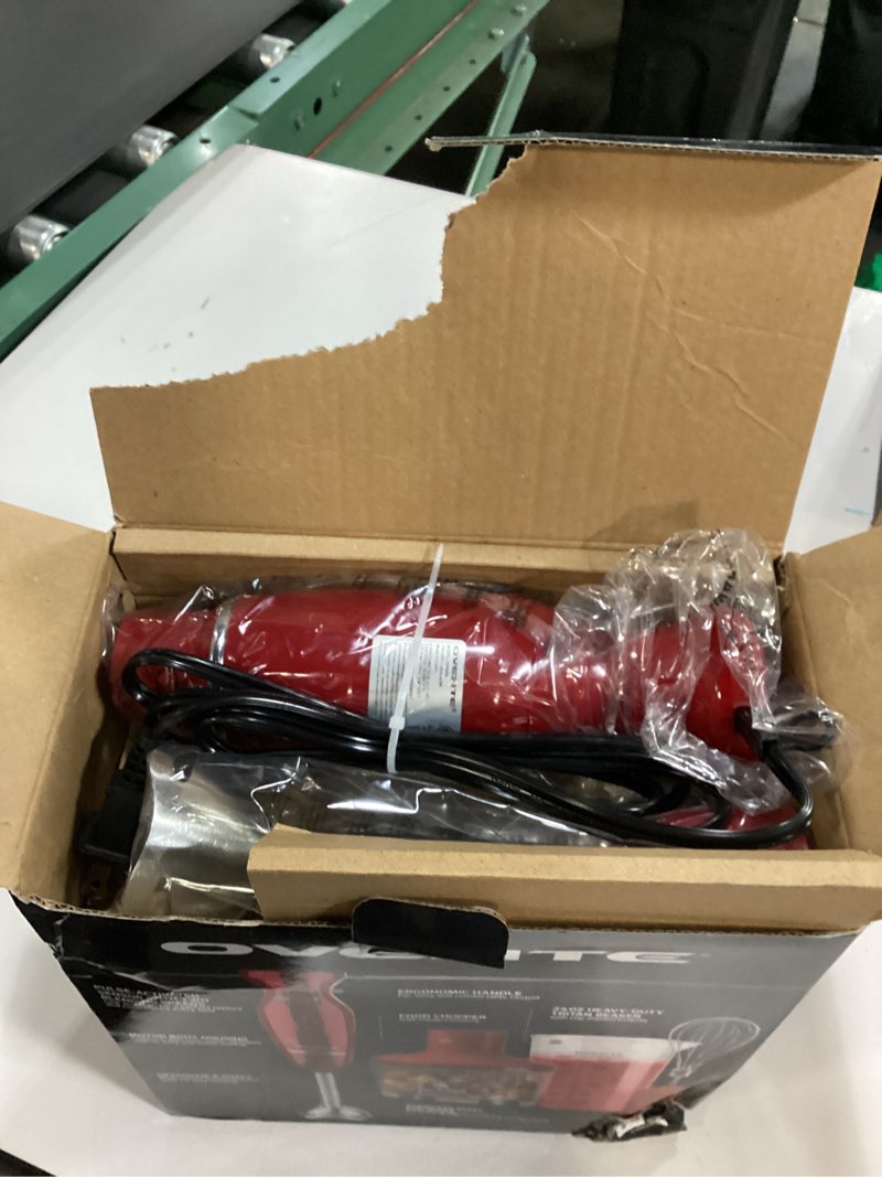 Condition photo showing New/Like New for OVENTE Immersion Hand Blender, 300W Electric Handheld Portable Stick Mixer Set with 2 Mixing Speed, Stainless Steel Blades, Egg Whisk Attachment, Mixing Beaker and BPA-Free Food Chopper, Red HS565R HS565R Corded