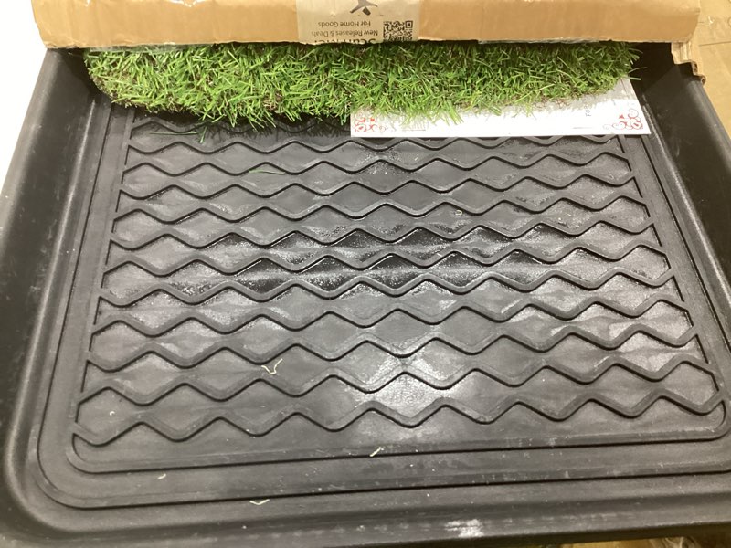 Condition photo showing As Is for ottomanson artificial grass puppy potty training pad with tray, 15" x 30" reusable pee pad for small pets and dogs black tray/grass 1'3" x 2'6" (pet)