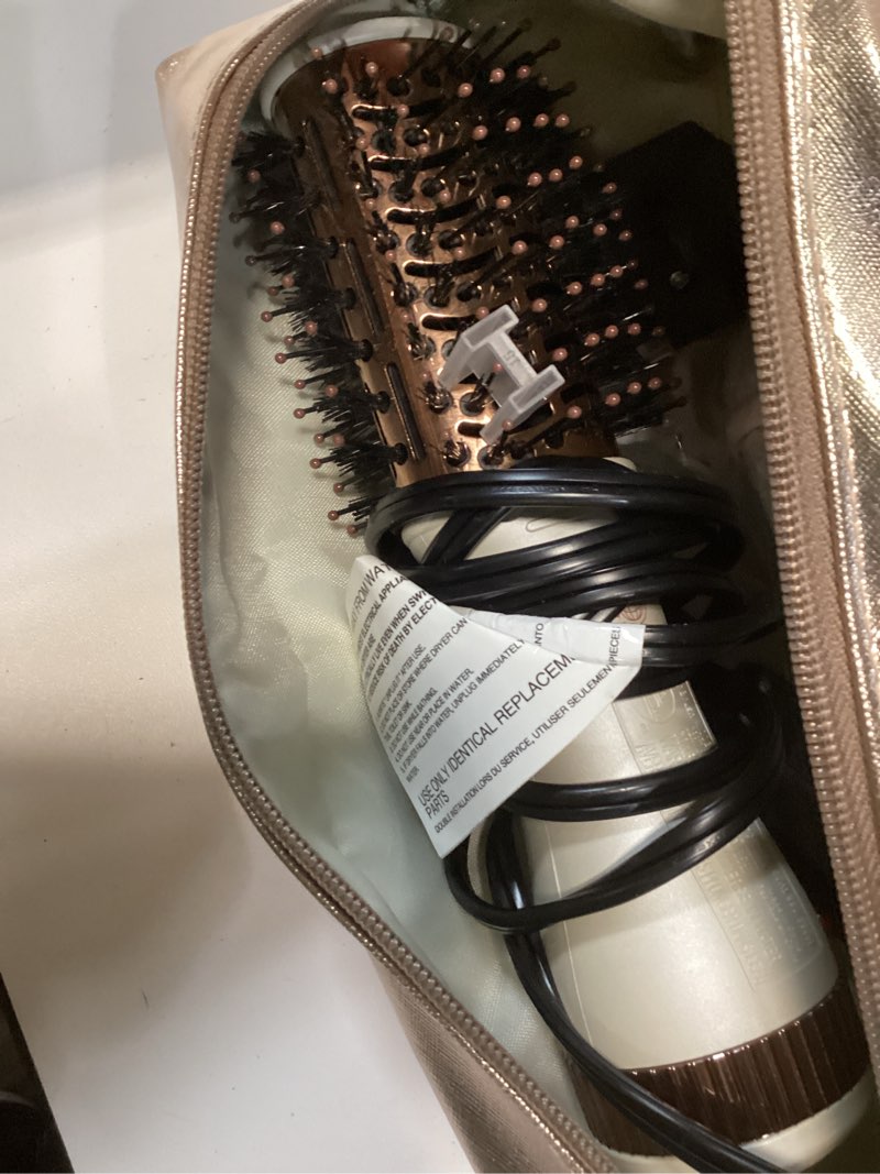 Condition photo showing Good Condition for travel blow dryer brush in one, dual voltage 110v-240v mini hot air brush, hair trends nano titanium 2 inch one step hair dryer and styler volumizer oval shape 50 mm white & rose gold
