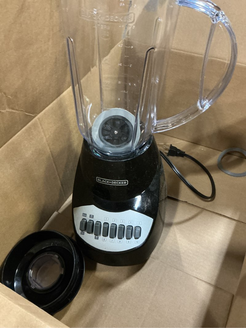 Condition photo showing As Is for black+decker countertop blender with 6-cup glass jar, 10-speed settings, black, bl2010bg