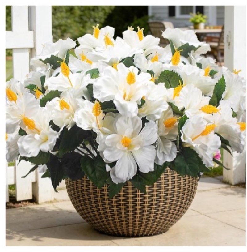 grunyia artificial hibiscus flowers 5 bundles, uv resistant fake tropical flowers realistic silk blo