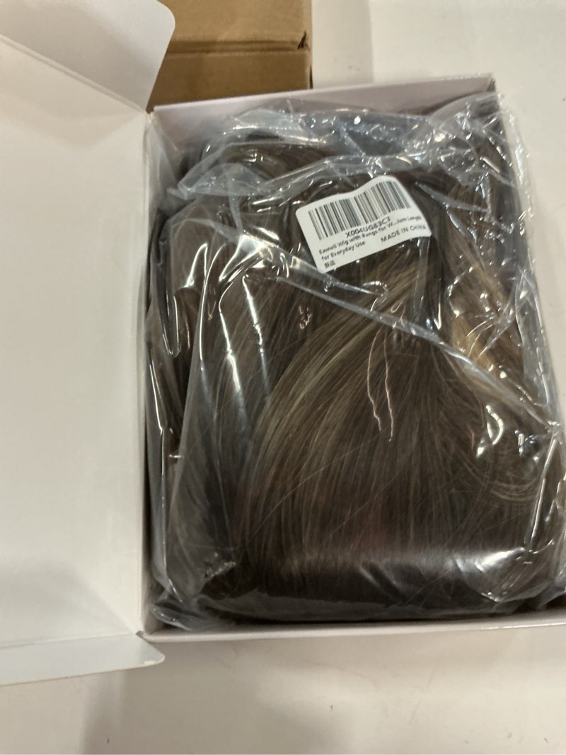 Condition photo showing New/Like New for wig with bangs for women brown blonde highlight straight face-framing layers hairstyle 4x4 realistic scalp glueless synthetic wigs medium length for everyday use brown blonde highlight medium