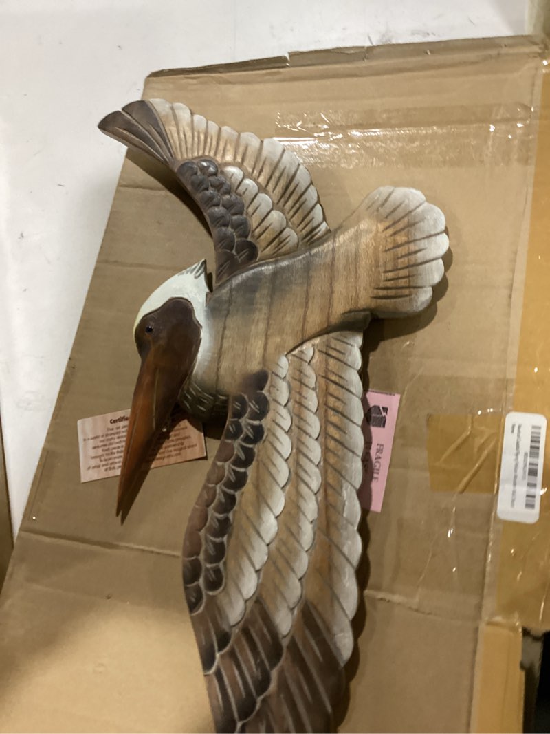 Condition photo showing New/Like New for t.i. design hand-carved wood flying pelican | coastal nautical beach wall décor natural wood finish