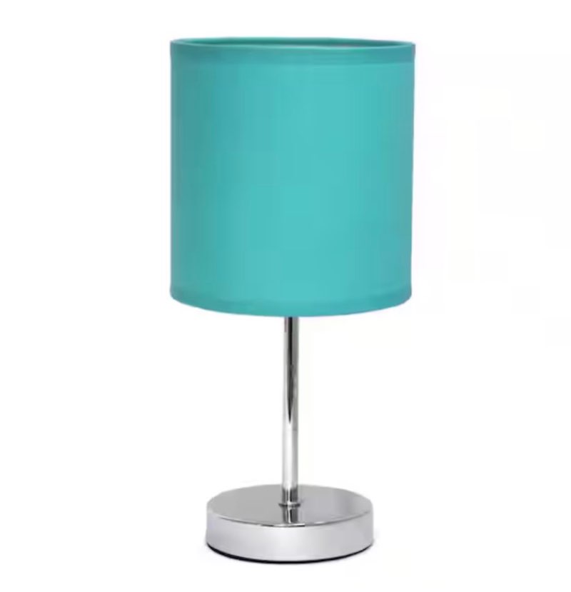 81 in. Blue Traditional Petite Metal Stick Bedside Table Desk Lamp in Chrome with Fabric Drum Shade