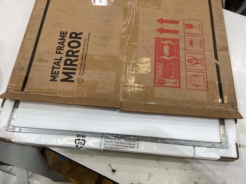 Condition photo showing Good Condition for keonjinn 24 x 36 inch brushed nickel bathroom mirrors for over sink, beveled rectangle framed mirror for wall, farmhouse bathroom vanity mirror, tempered glass, hangs horizontally or vertically brushed nickel 36"l x 24"w