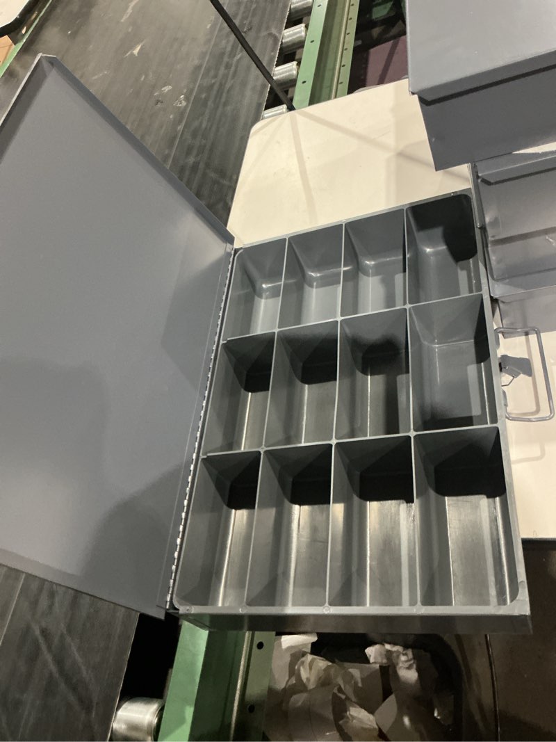 Condition photo showing New/Like New for durham 115-95 gray cold rolled steel large scoop box, 18" width x 3" height x 12" depth, 12 compartment