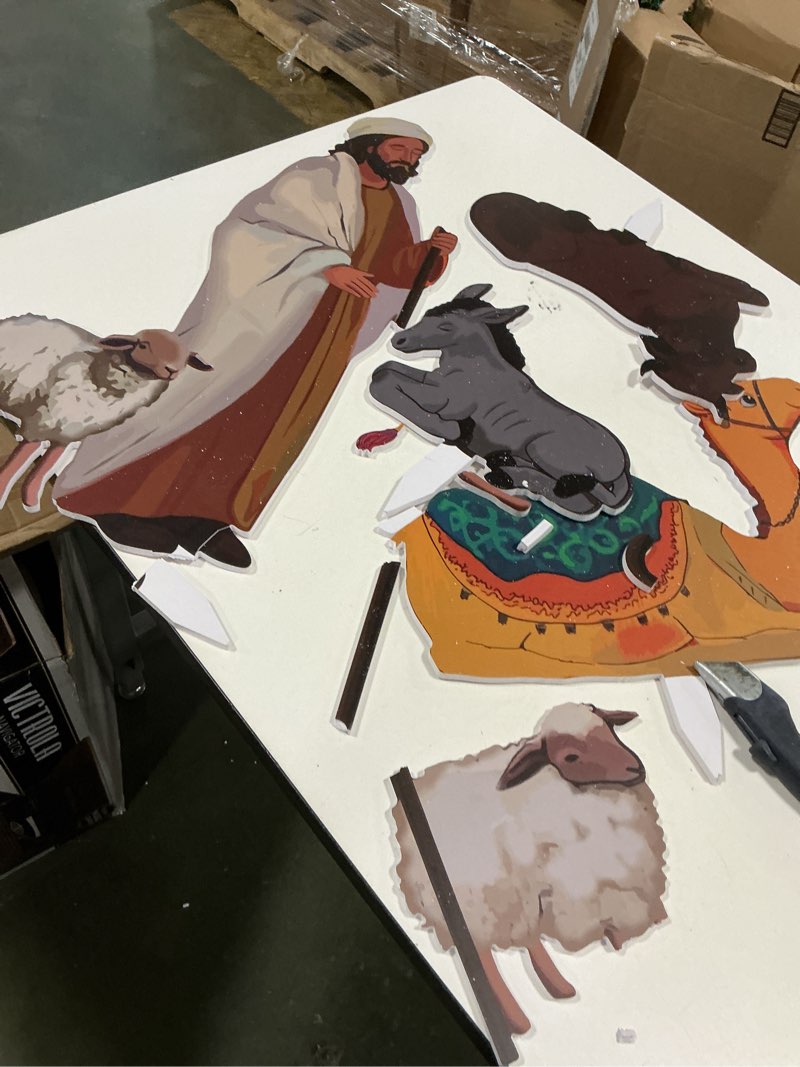 Condition photo showing As Is for 4 Pcs Outdoor Nativity Scene for Yard Weatherproof Nativity Sets Xmas Shepherd with Sheep Camel Ox for Christmas Family Lawns Outdoor Decor, Water Resistant PVC (Multicolor)