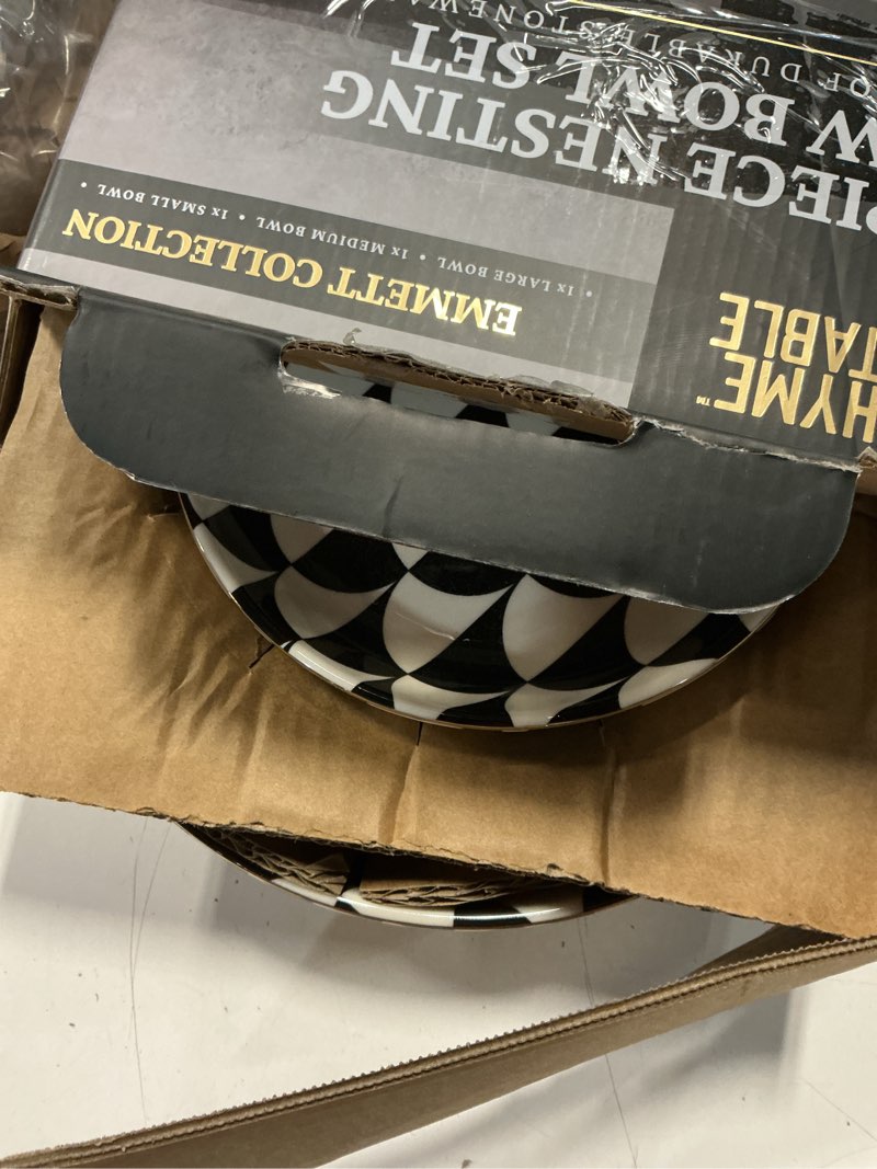 Condition photo showing New/Like New for thyme & table riley 3-piece ceramic nesting low bowl set black and white