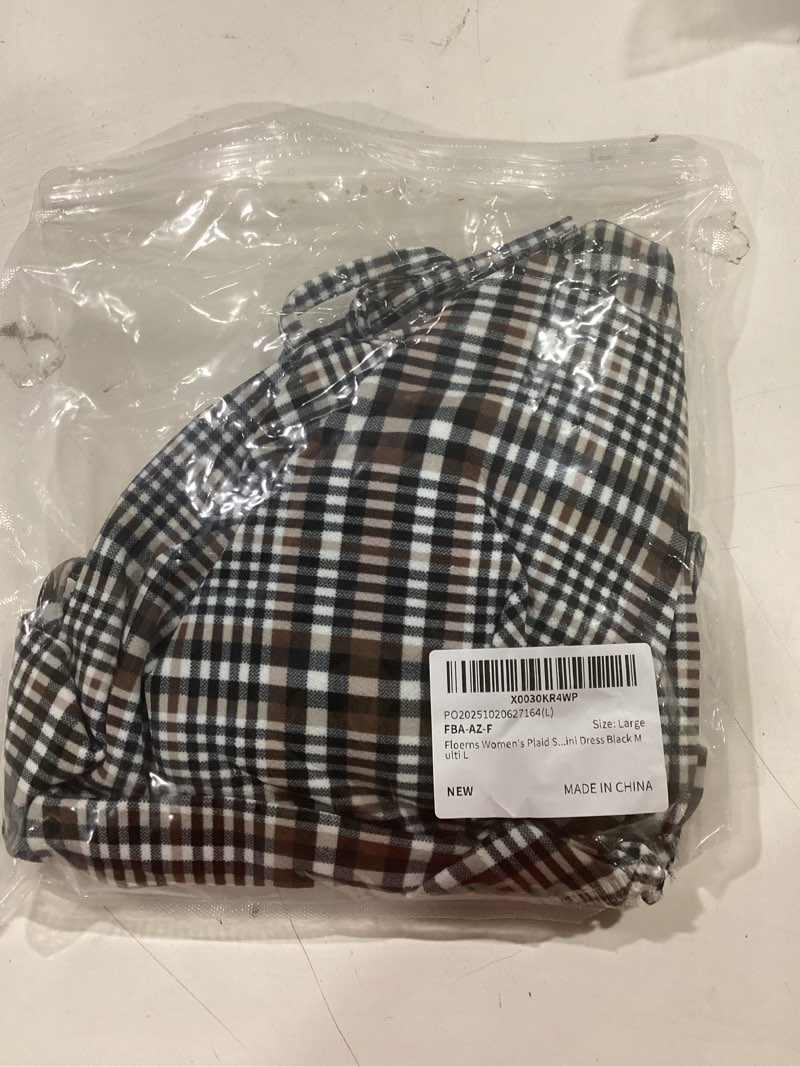 Condition photo showing New/Like New for Floerns Women's Plaid Suspender Skirt Tie Shoulder Split Hem Overall Bodycon Mini Dress Small Black Multi size large