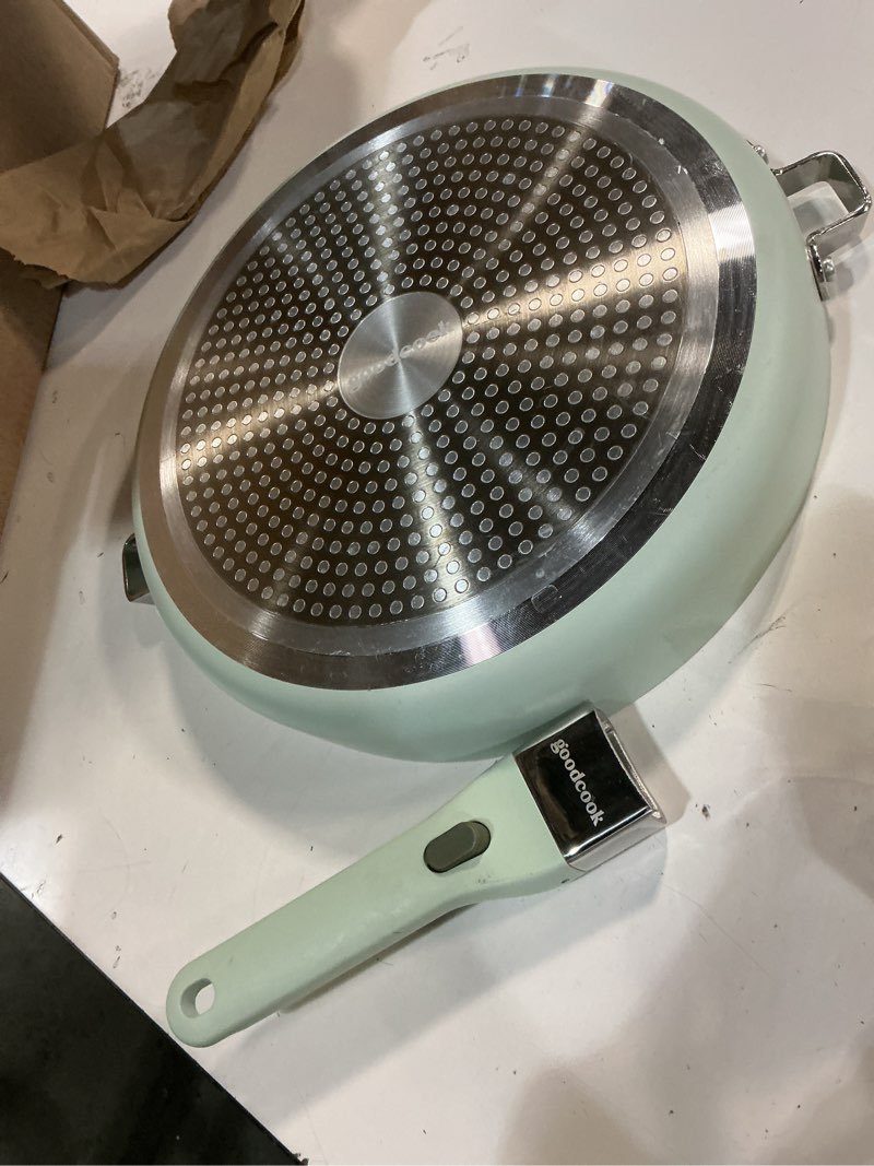 Condition photo showing Good Condition for GoodCook Ceramic Frying Pan Skillet with Removable Handle, Induction Compatible, Nonstick and Oven Safe, 12-Inch, Sage Green 12-Inch Fry Pan
