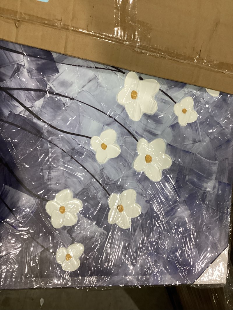 Condition photo showing Good Condition for YHSKY ARTS 3D Hand - Painted White Floral Wall Art with Printed Blue Background, Textured Flower Decor for Home 39.3"L x 19.6"W White Floral