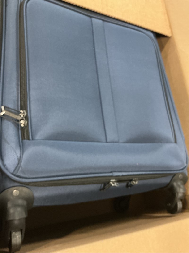 Condition photo showing As Is for U.S. Traveler Anzio Softside Expandable Spinner Luggage, Navy, Checked-Large 30-Inch