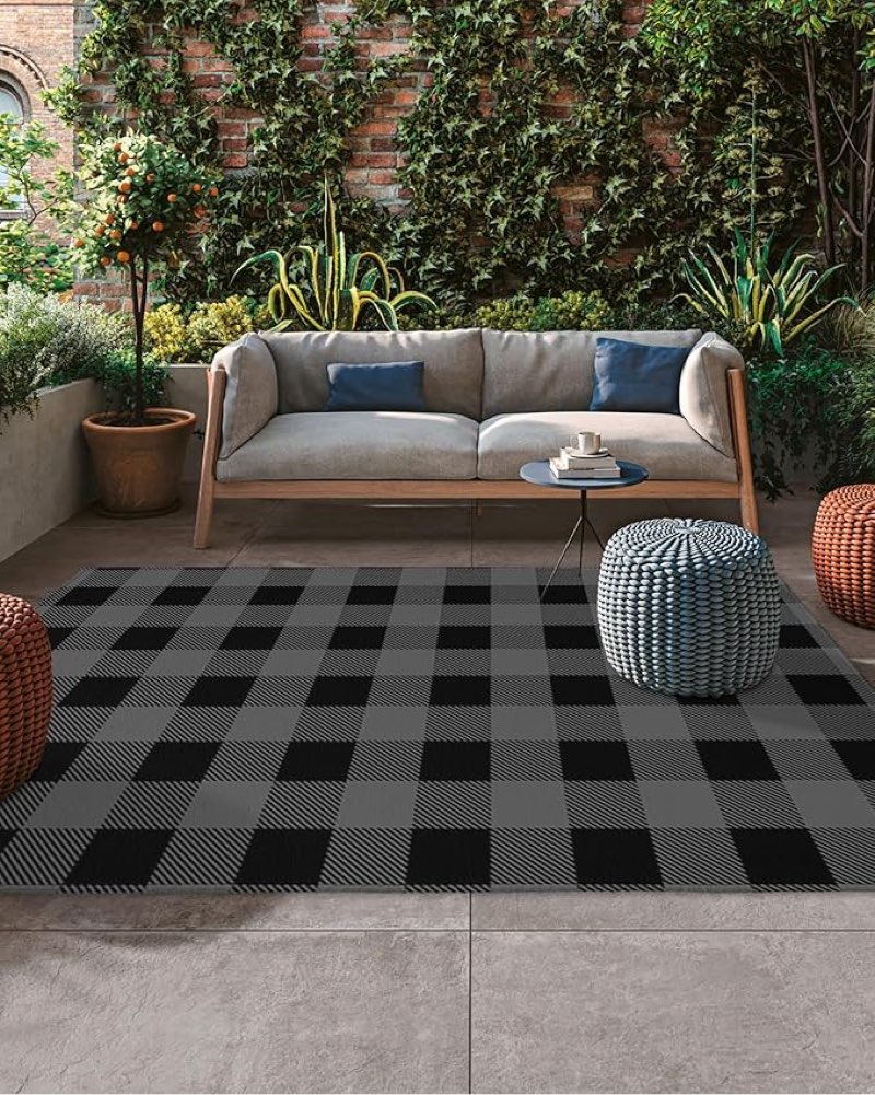 Outdoor Rug Waterproof 6x9 Feet Buffalo Check Plaid Outdoor Plastic Straw Rug, Black and Gray Buffalo Plaid Modern Patio Rug, Indoor Outdoor Carpet, RV Mat Outside for Patio, Balcony, Deck, Backyard