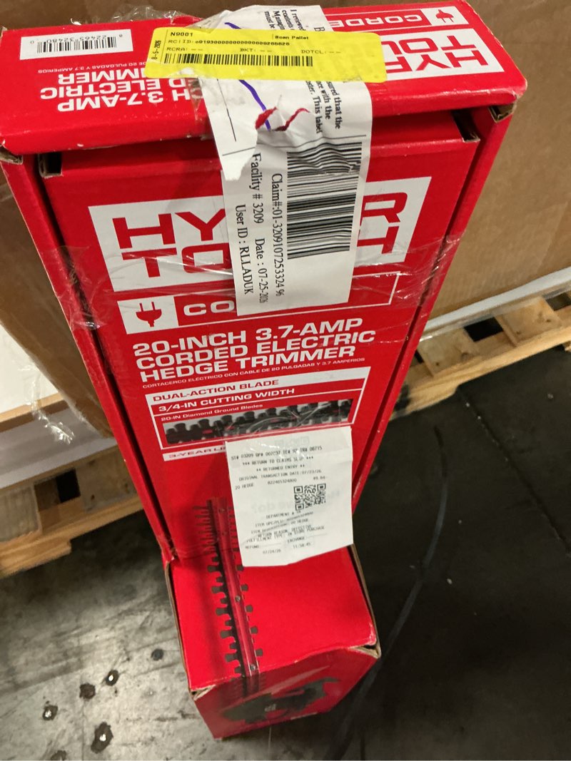 Condition photo showing As Is for hyper tough 20" 3.7-amp electric corded hedge trimmer