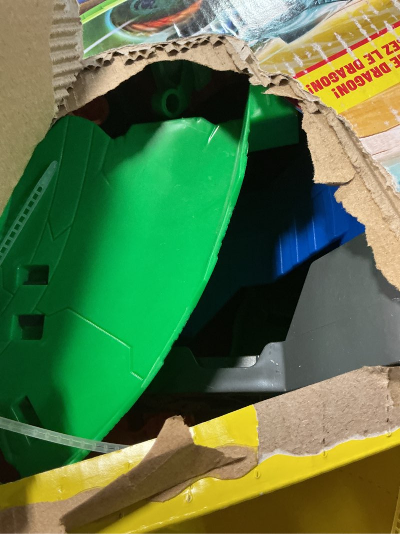 Condition photo showing As Is for Hot Wheels Toy Monster Trucks, Sharks vs. Dinos Dragon Destruction Playset with 1:64 Scale Great Bite & Rageasaur, Race to Defeat The Cyborg Nemesis Dragon Track Set