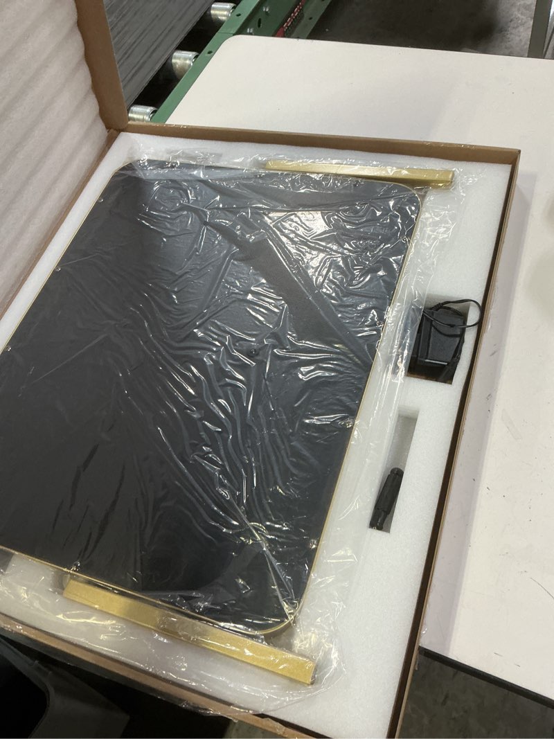 Condition photo showing New/Like New for FENNIO Gold Vanity Mirror with Lights 22"x19", LED Lighted Makeup Mirror, Large Makeup Mirror, Make up Mirror with Lighting,Touch Screen with 3-Color Lighting,Dimmable,for Vanity Desk Tabletop Gold 22"L x 17"W