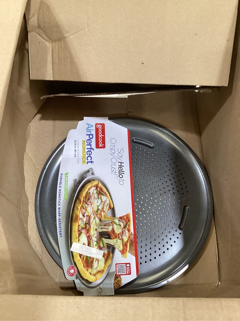 Condition photo showing Good Condition for GoodCook AirPerfect Insulated Nonstick Carbon Steel Pizza Pan with Cutting Guides, Perforated Nonstick Pizza Pan, 15.75-Inch, Gray Gray 16-Inch