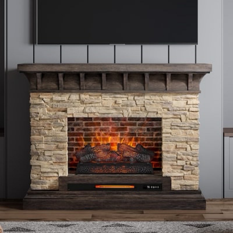 allen + roth 53-in w sedona free standing infrared quartz flat wall electric fireplace with remote