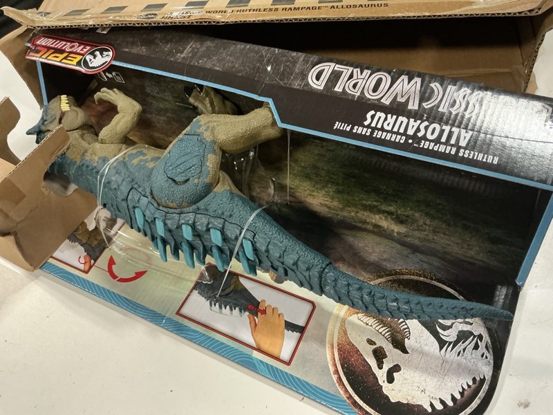 Condition photo showing Good Condition for Mattel Jurassic World Ruthless Rampagin Allosaurus Dinosaur Toy, Action Figure with Continuous Chomp Attack & Roar Sounds, Button Activated Evolved Battle Spikes