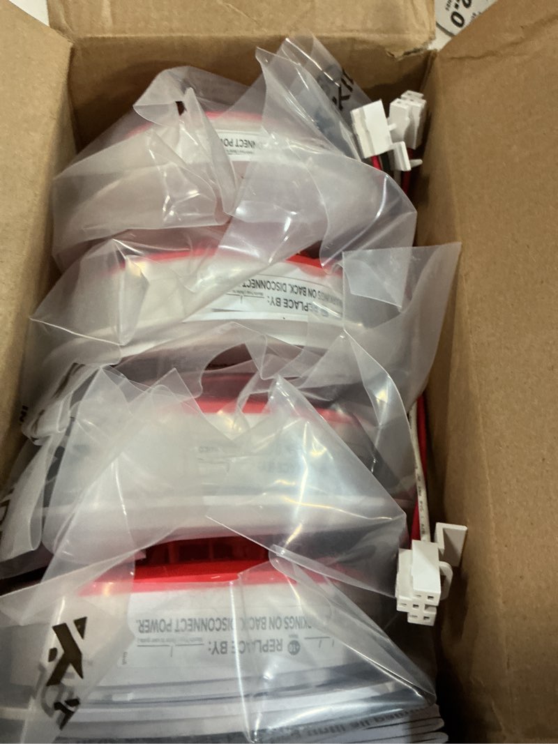 Condition photo showing New/Like New for kidde hardwired smoke detector, aa battery backup, interconnectable, led warning light indicators, 4 pack