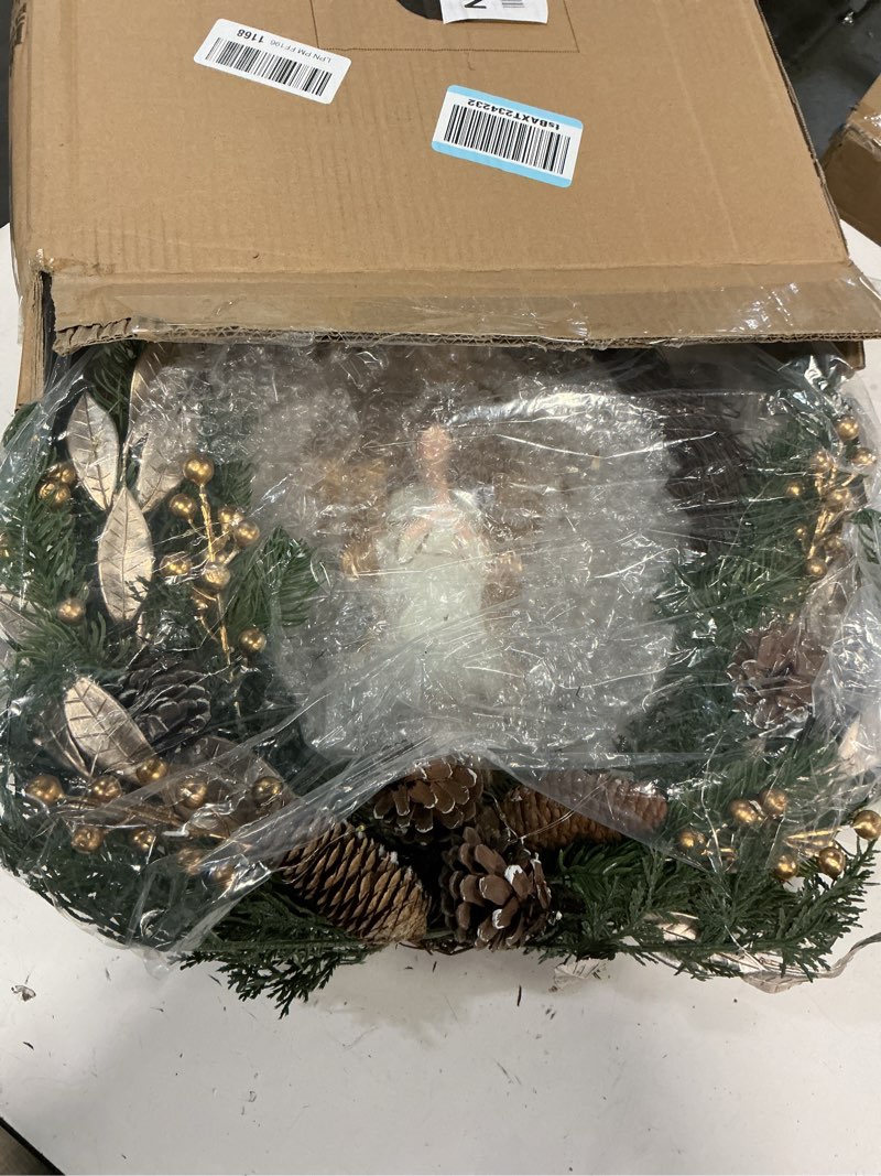 Condition photo showing Good Condition for Christmas Wreath with Lights,24" Prelit Christmas Wreaths for Front Door with Angle Pine Cones Pine Branches 20 Lights Christmas Door Wreath Decorations for Wall Decor (White-Angle)