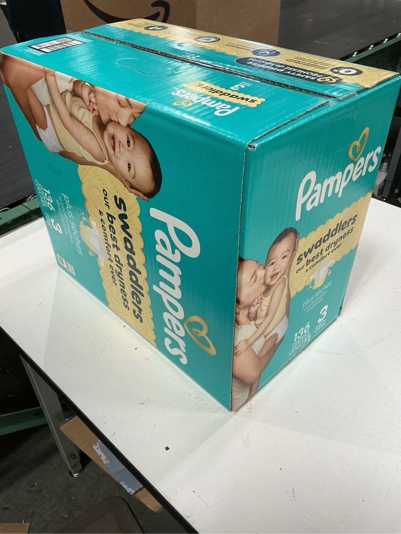 Condition photo showing New/Like New for pampers swaddlers diapers, size 3 (13-26 lbs), 136 count, absorbent, keeps baby dry and comfortable, skin safe disposable baby diaper (packaging may vary) size 3 136