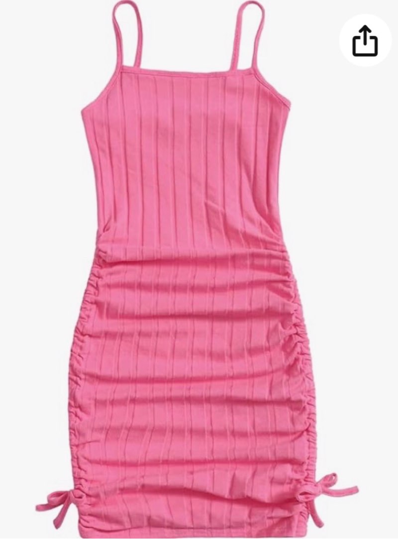 SOLY HUX Girl's Spaghetti Strap Ribbed Knit Drawstring Side Ruched Bodycon Cami Dress Plain Pink 11-