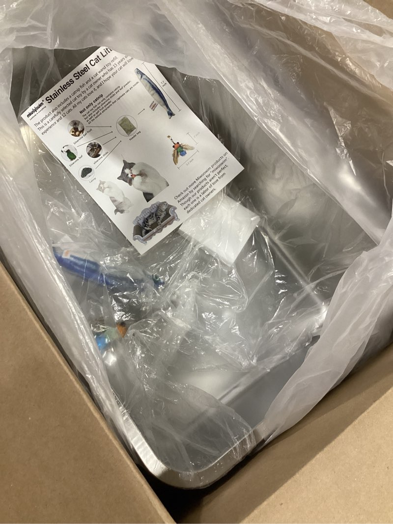 Condition photo showing New/Like New for (Various sizes) Stainless Steel Cat Litter Box Set, Includes Catnip Fish Toy & Wand Feather Toy Refill, Easy to Clean, Pet Toilet Supplies for Kitten, Kitty, Rabbit, Metal Litter Pan for Kittens and Adult Cats 1 Medium (17.6\"x13.6\"x5.9\")