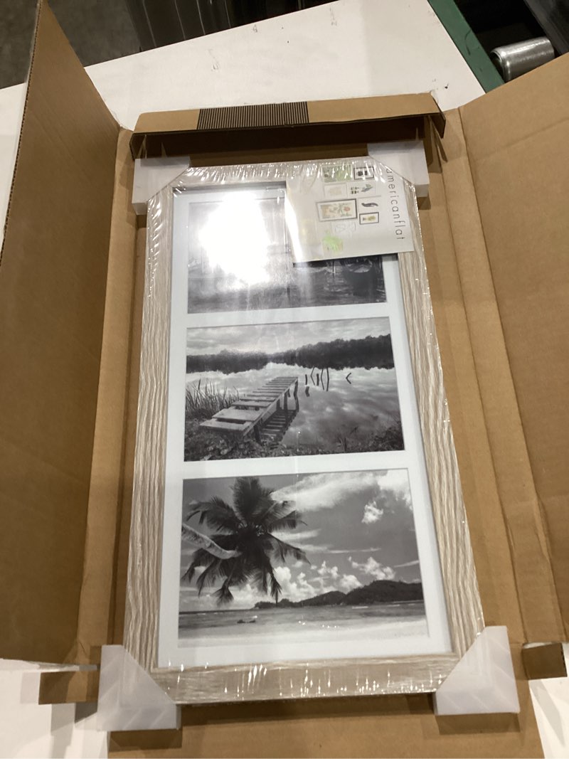 Condition photo showing Good Condition for americanflat 5x7 picture frame collage with shatter-resistant glass - fits three 5x7 photos or use as one 8x16 frame - signature collection - collage frames for tabletop and wall display - driftwood driftwood 8x16 three 5x7 photos