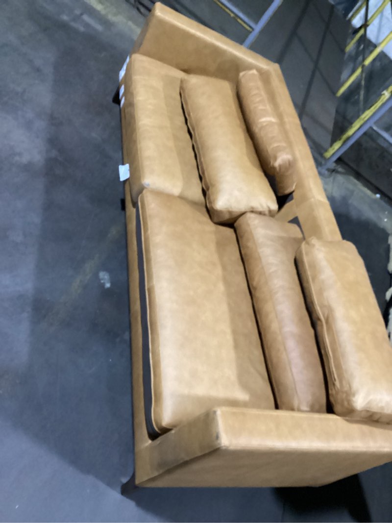 Condition photo showing As Is for Poly & Bark Argan Leather Couch - 93 Inch Sofa - Full-Grain Leather Sofa for Living Room with Feather Down Topper - Living Room Couch - Pure Aniline Vintage Italian Leather in Cognac Tan Argan Sofa
